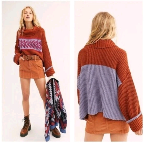 Free People Sweaters - Free People Greater Than Rust Orange Pele Combo Cowl Neck Sweater, Sz M